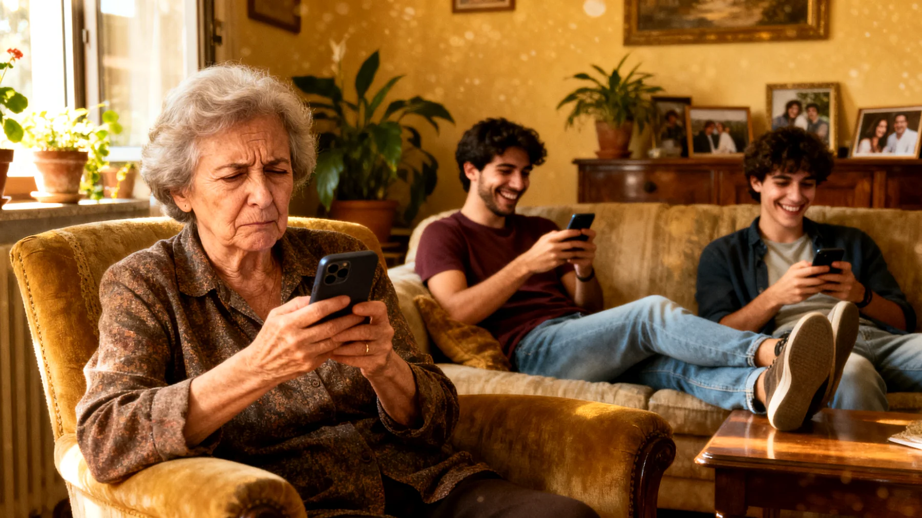 Nonna preoccupata per l'uso problematico dei social media da parte dei nipoti giovani adulti, che condividono contenuti rischiosi, hanno relazioni online poco chiare e mostrano scarsa consapevolezza dei pericoli digitali, creando tensioni quando lei cerca di intervenire o dare consigli"