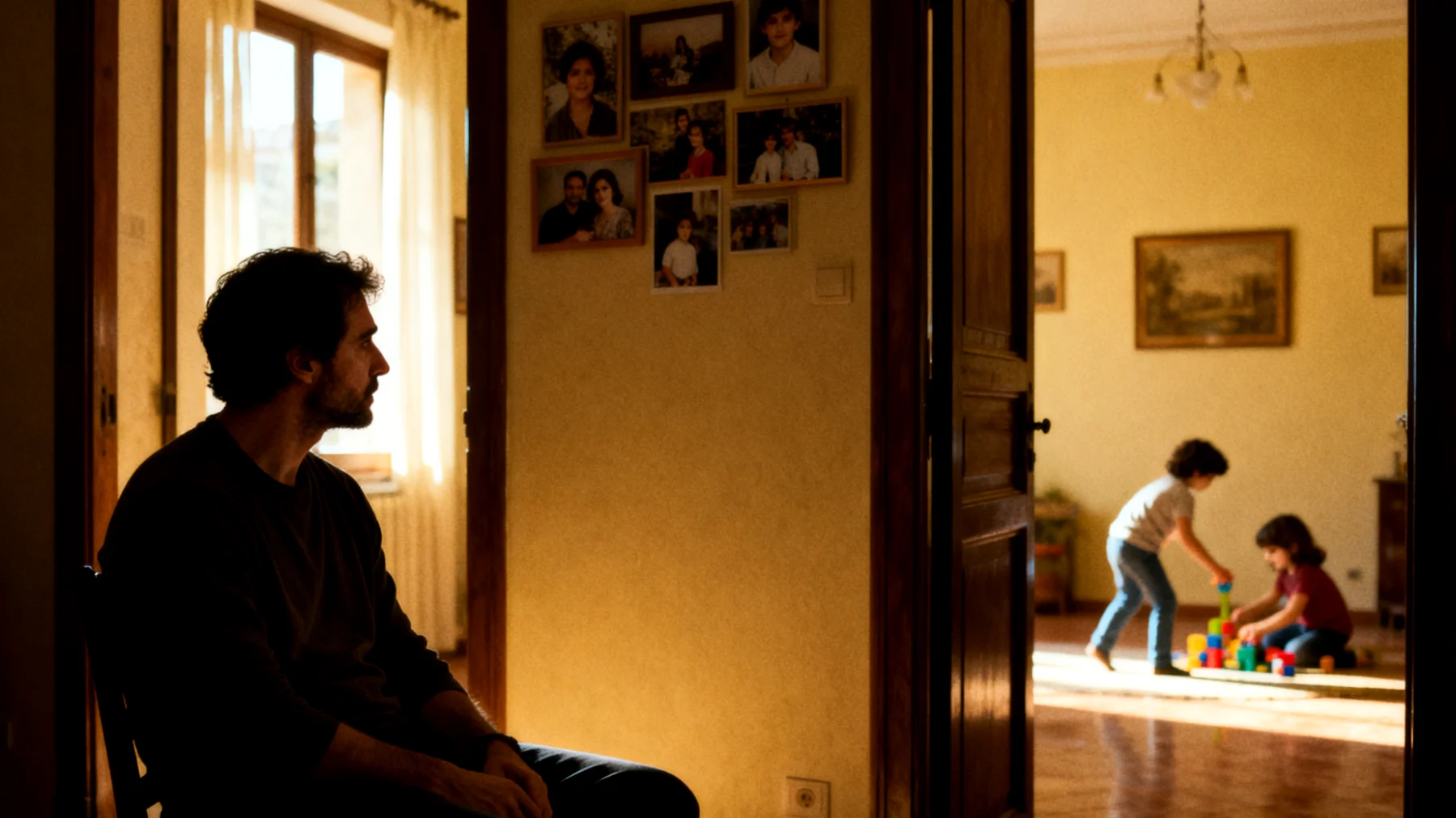 Un papà che teme di perdere il legame affettivo con i suoi bambini a causa dei ritmi di vita frenetici, del lavoro e della crescente autonomia dei figli, percependo una distanza emotiva crescente"